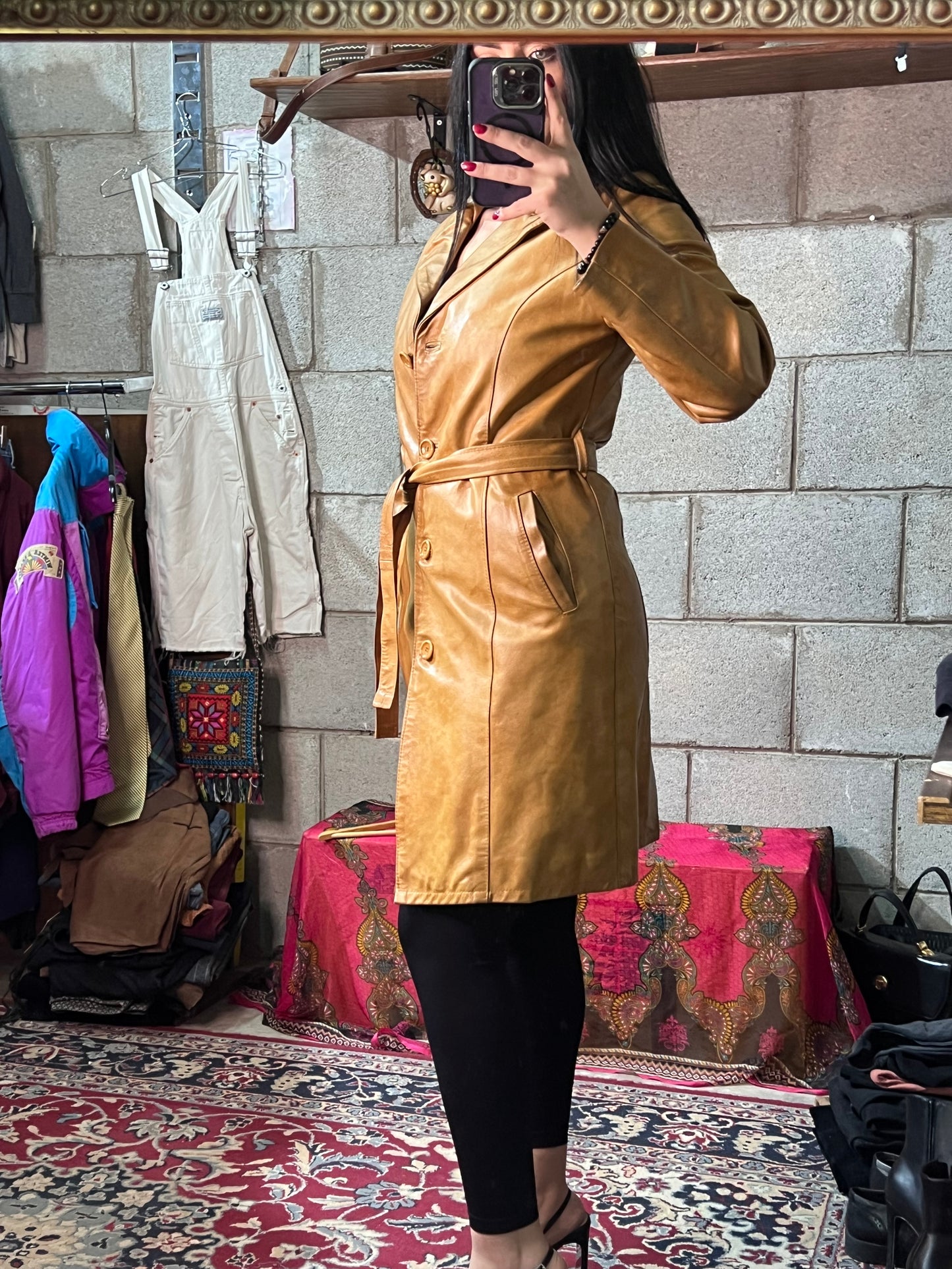 Giacca lunga in pelle Made in Italy 42 XS/S con cintura