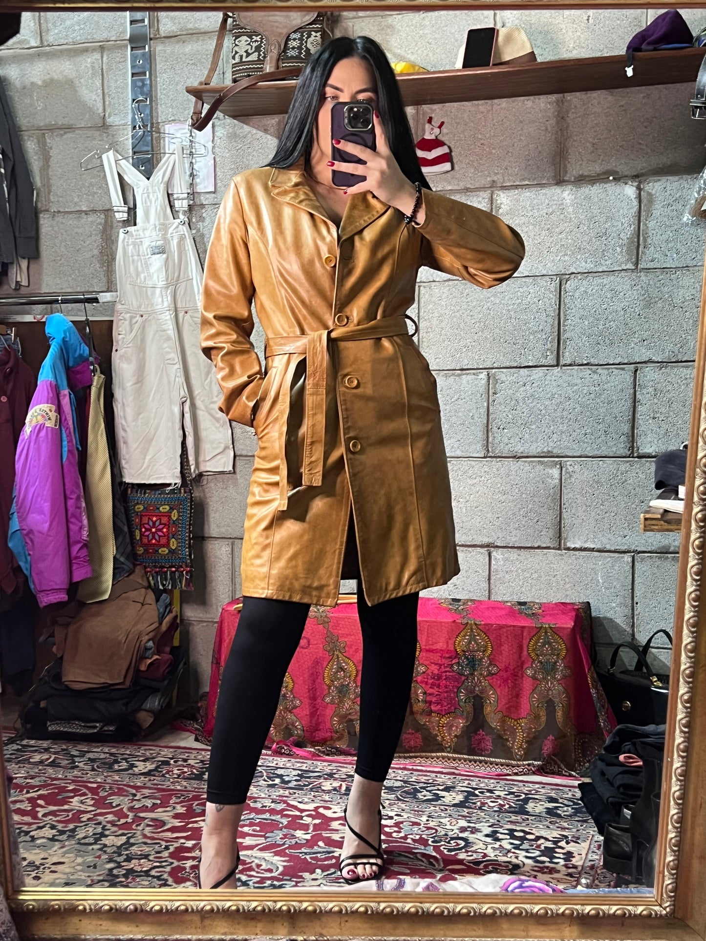 Giacca lunga in pelle Made in Italy 42 XS/S con cintura